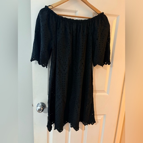 Memory Made in Italy size small eyelet black dress off shoulder cotton - Picture 3 of 12